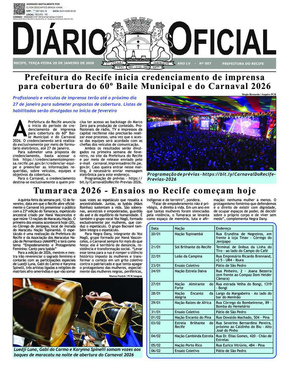 Capa do último diário oficial