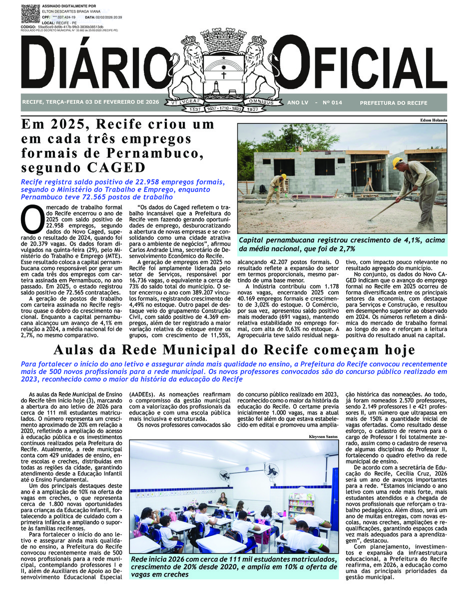 Capa do último diário oficial