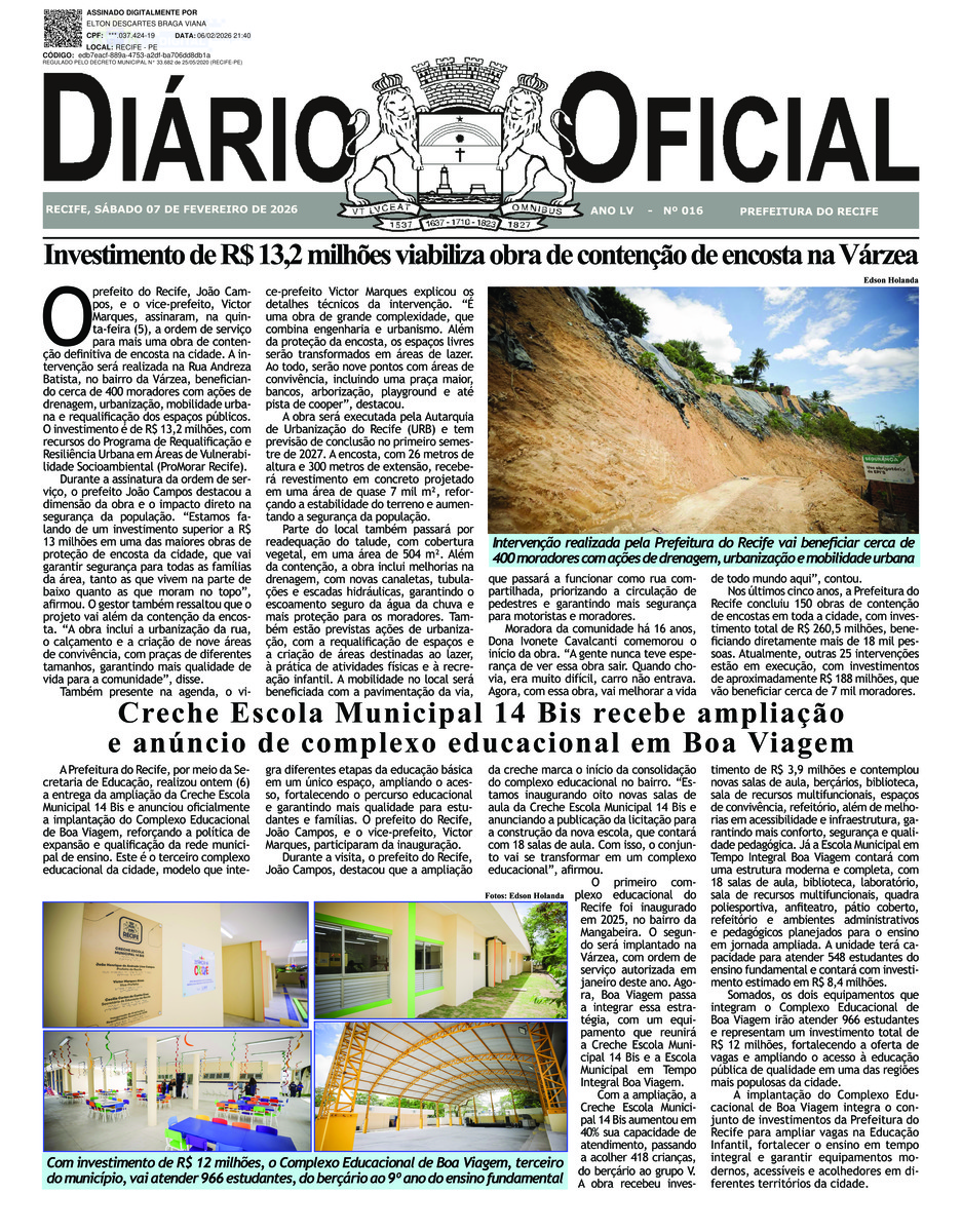 Capa do último diário oficial