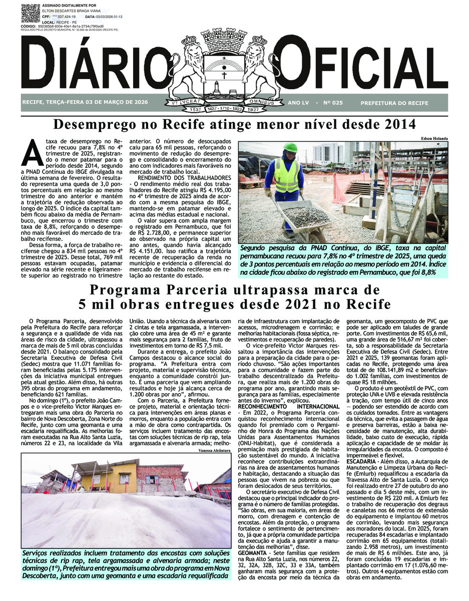 Capa do último diário oficial