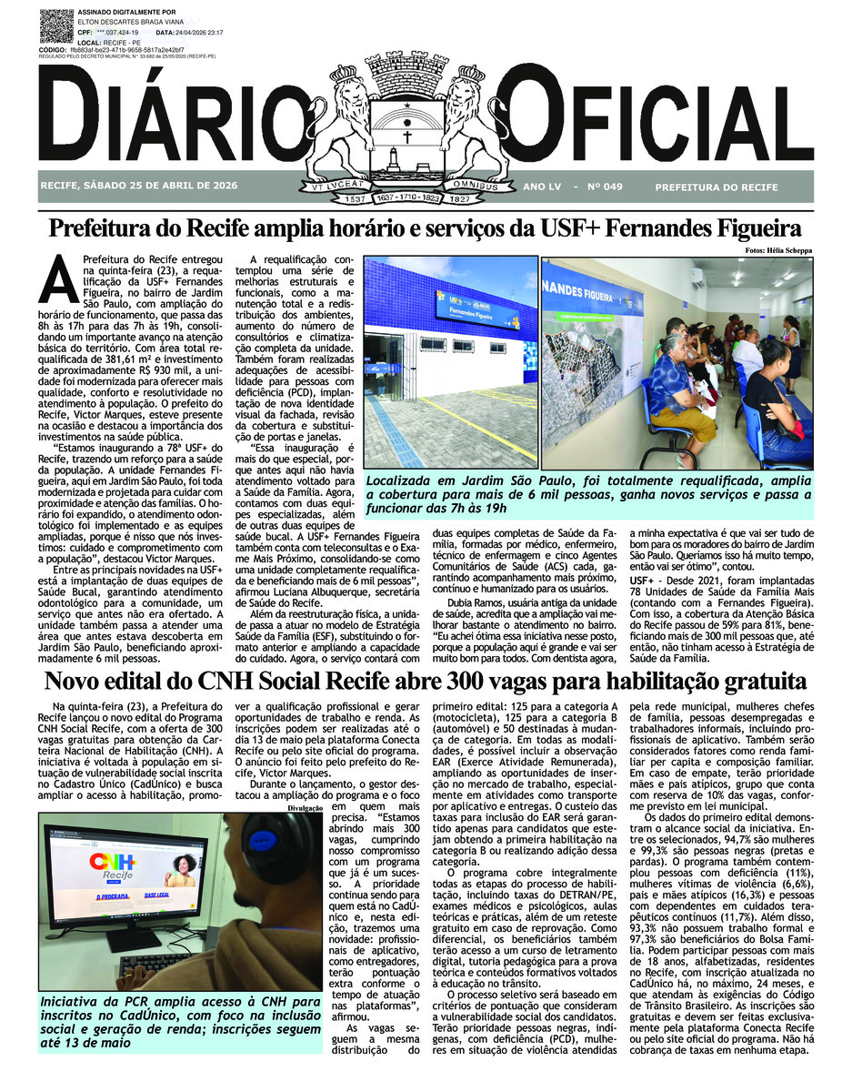 Capa do último diário oficial