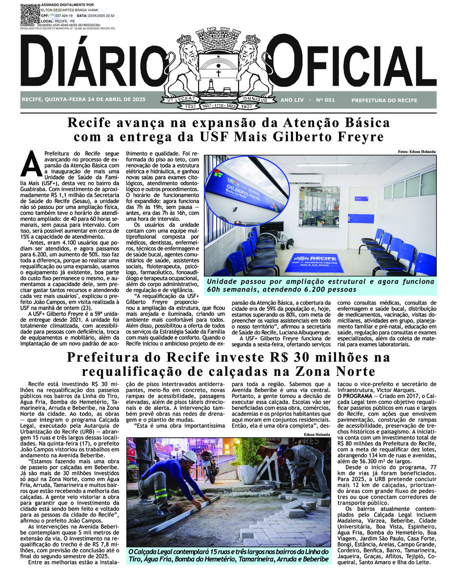 Capa do último diário oficial