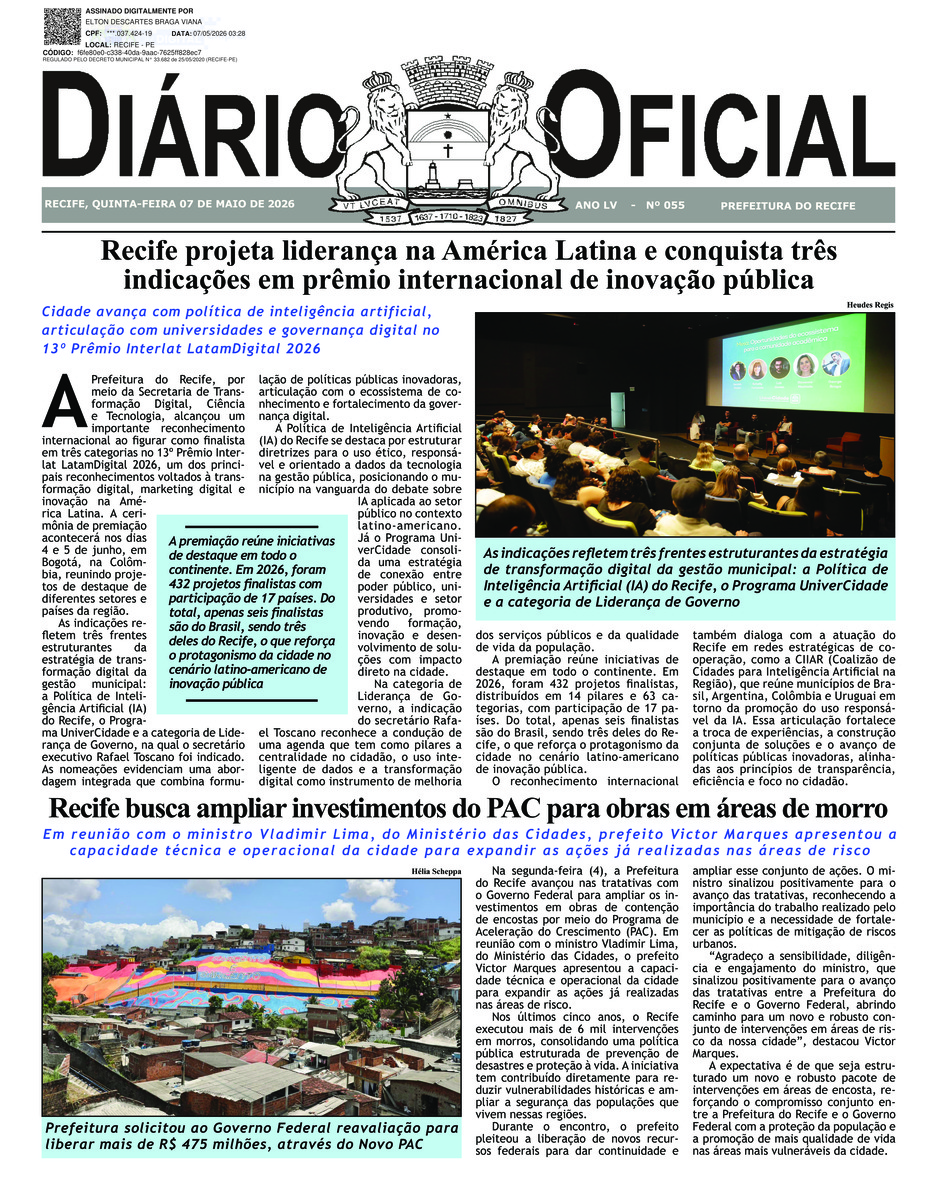 Capa do último diário oficial