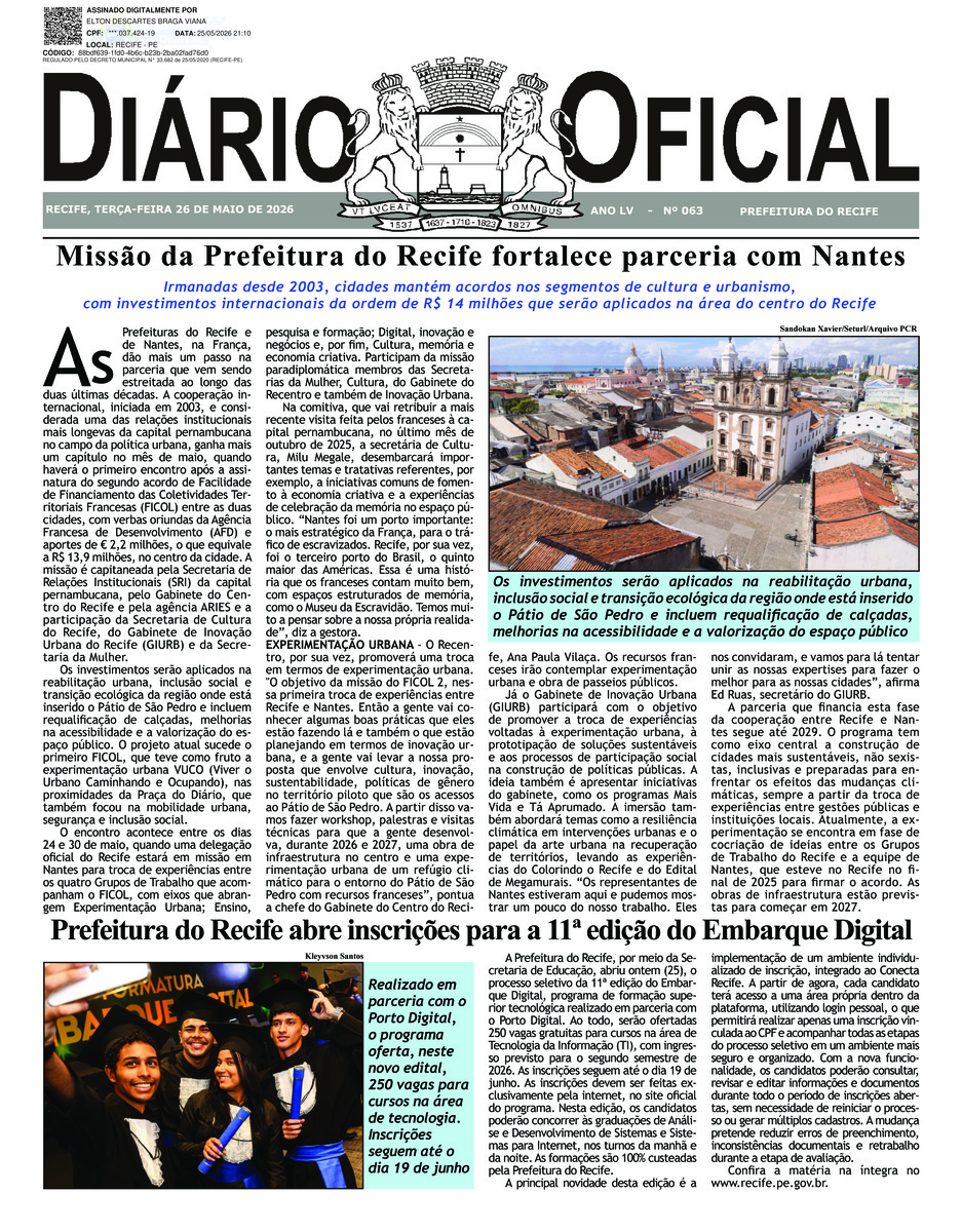 Capa do último diário oficial