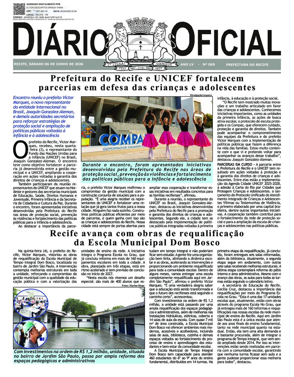 Capa do último diário oficial
