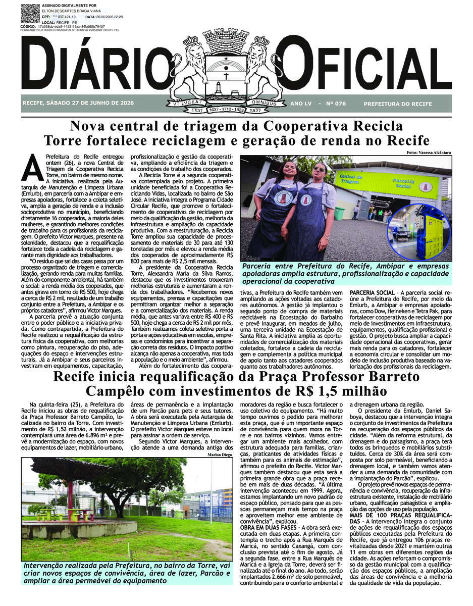 Capa do último diário oficial