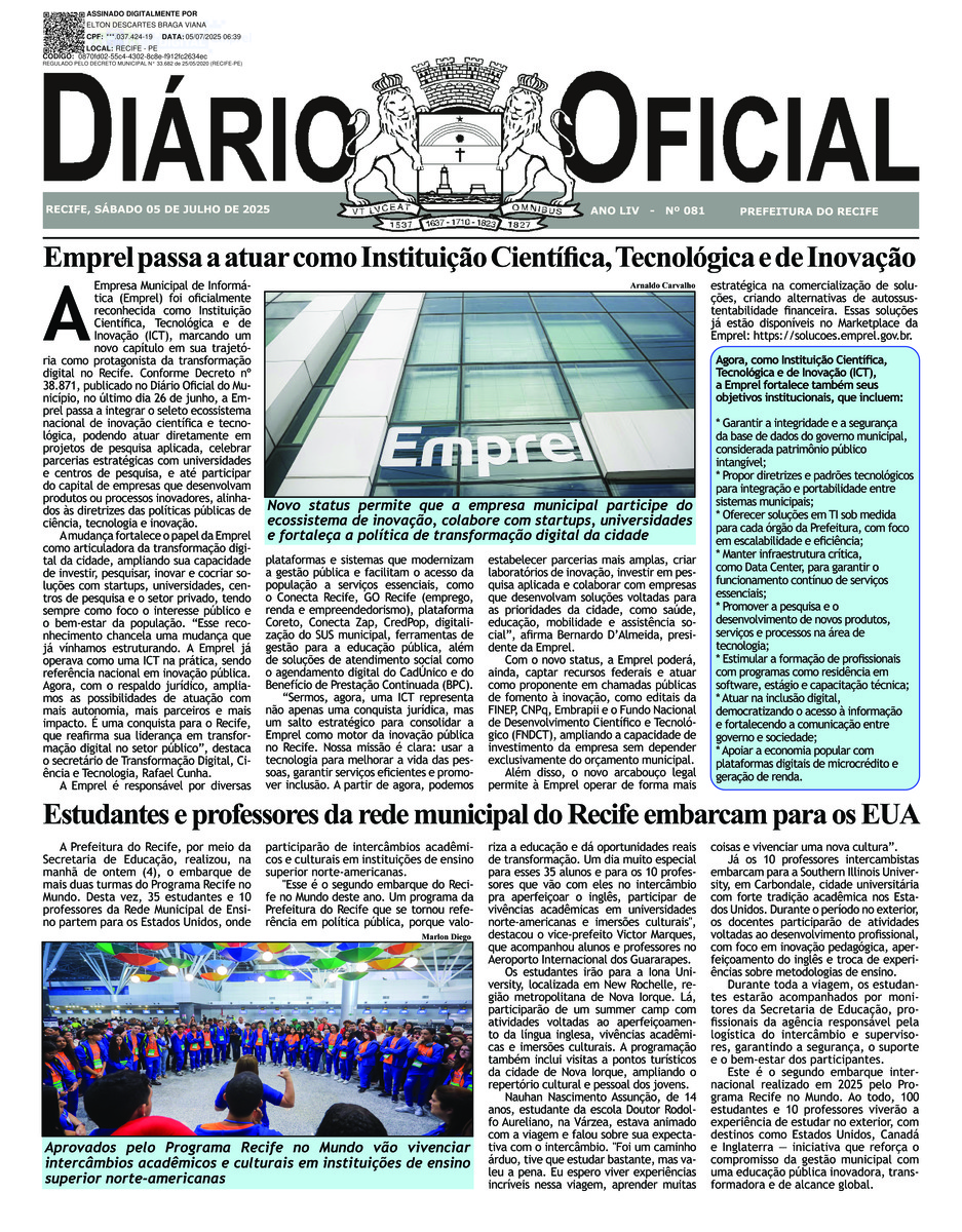 Capa do último diário oficial