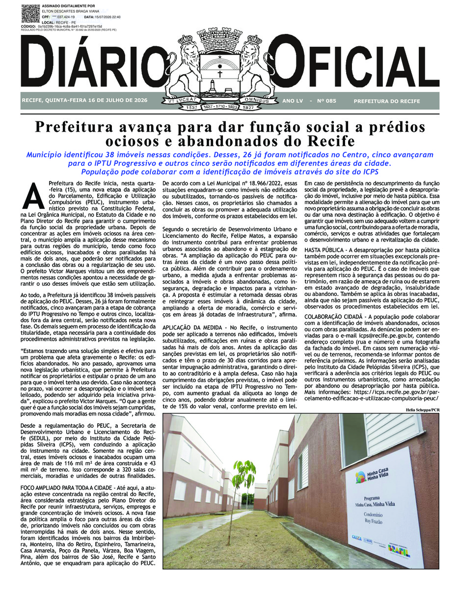 Capa do último diário oficial