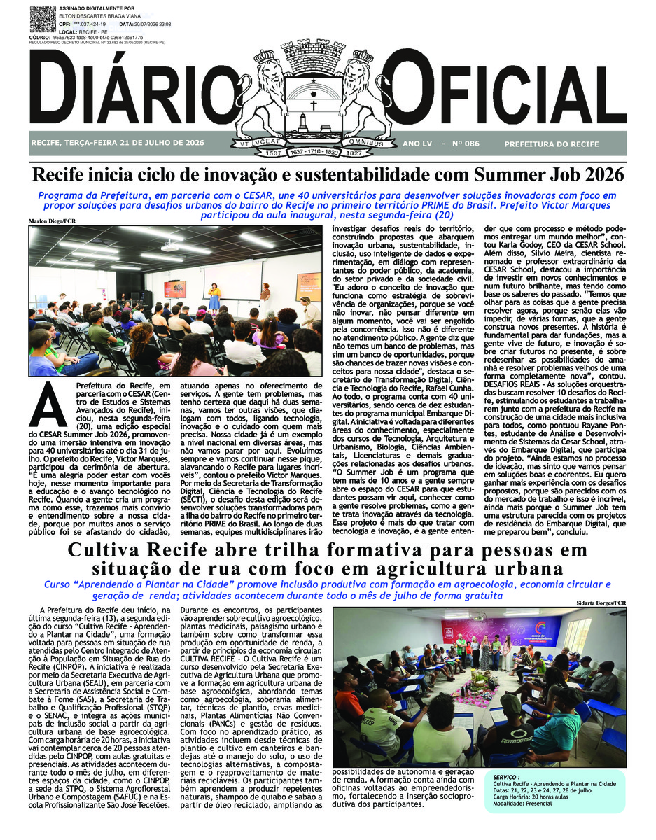 Capa do último diário oficial