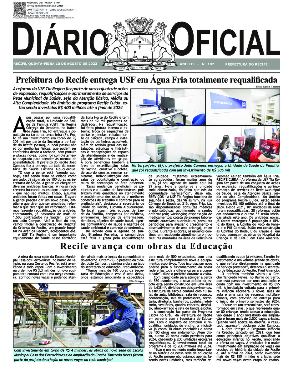 Capa do último diário oficial