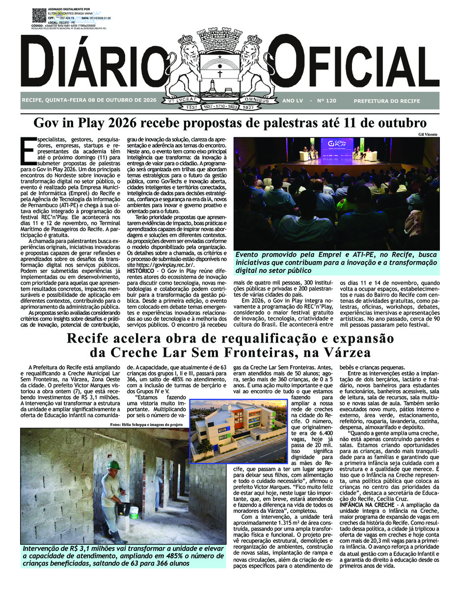 Capa do último diário oficial