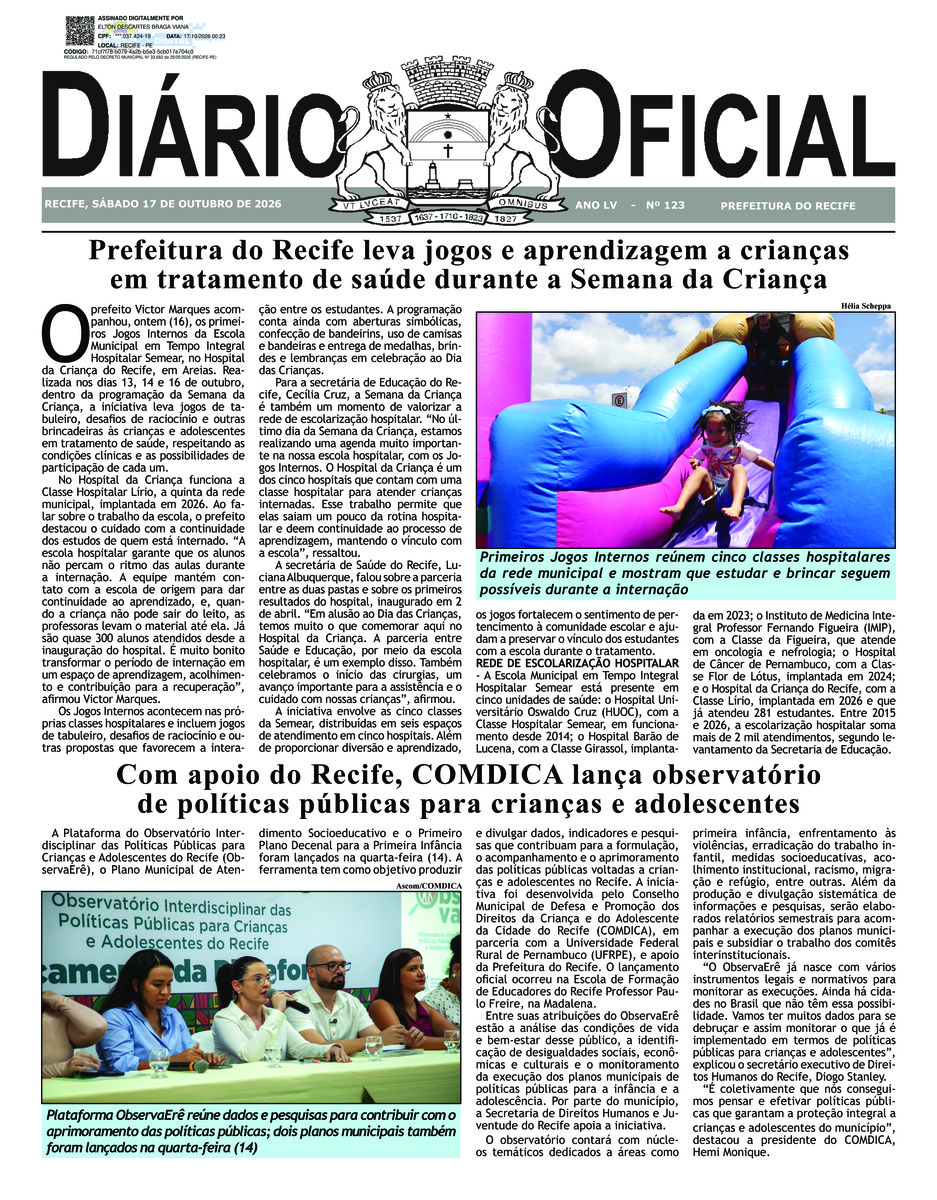 Capa do último diário oficial