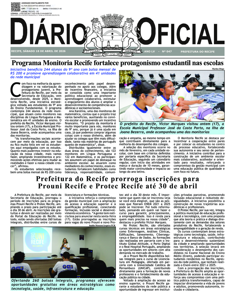 Capa do último diário oficial